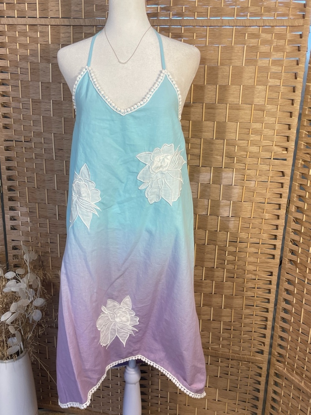 Light Blue to Lavender Ombre Slip Dress with White Floral Appliqué Linen Cotton